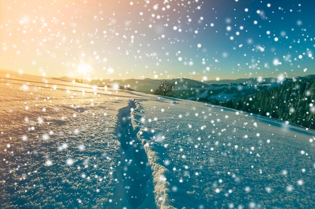 Winter Christmas landscape at dawn Human footprint track path in crystal white deep snow through empty field woody dark mountain range large snowflakes on clear blue sky copy space background