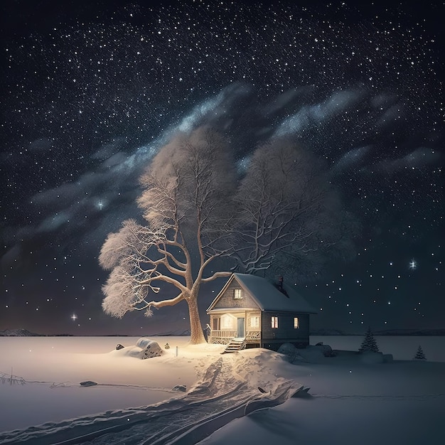 Winter Christmas landscape and home Generative AI Magical fairy lights