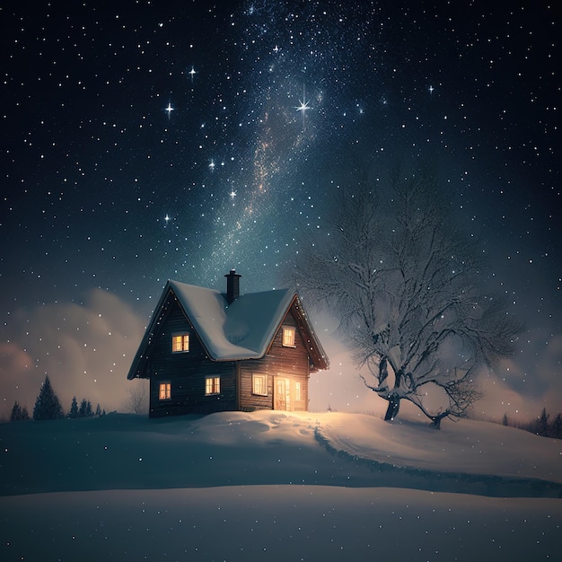 Winter Christmas landscape and home Generative AI Magical fairy lights