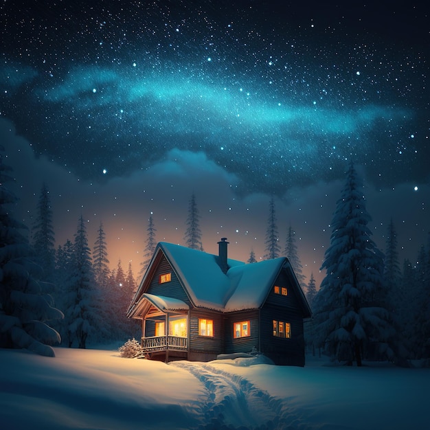 Winter Christmas landscape and home Generative AI Magical fairy lights