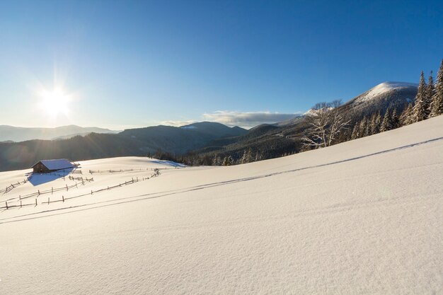 凍るような晴れた日の山の谷の冬のクリスマスの風景。白い深いきれいな雪、木質の暗い山の尾根、青い空のコピースペースの背景に明るい太陽の下で古い木造の見捨てられた羊飼いの小屋。