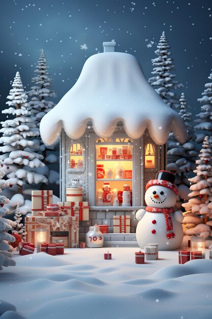 Winter christmas scene with product stand and snowman decoration 3d rendering