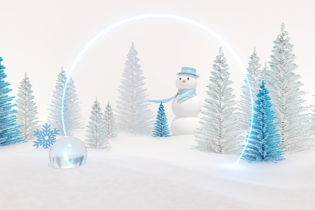 Winter Christmas scene with snowman decoration 3d rendering