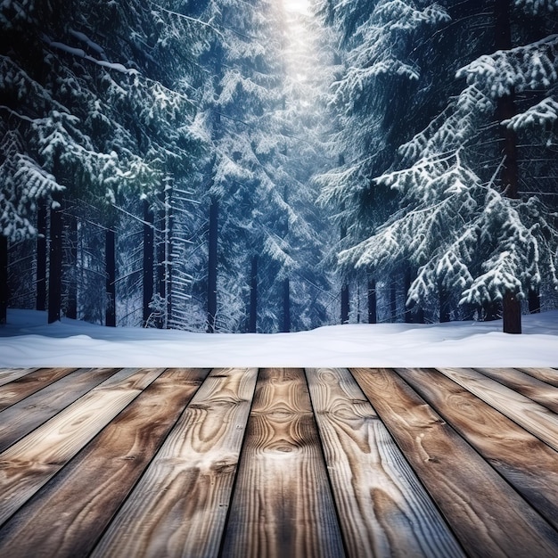 Winter christmas scenic landscape with copy space wooden flooring strewn with snow in forest