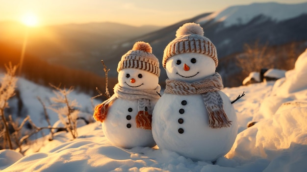 Winter Christmas two snowman friends on snowy mountains