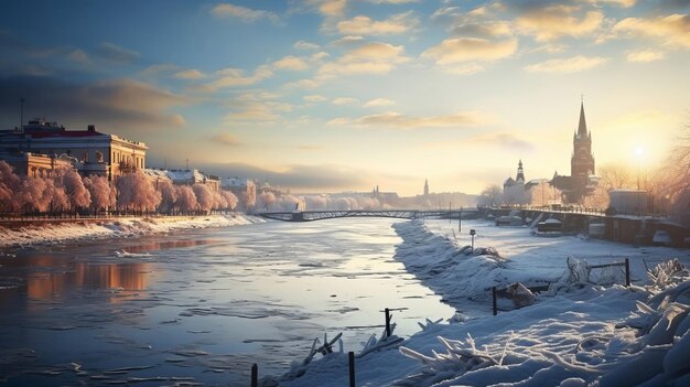 AIが生成した夜明けの冬の都市風景