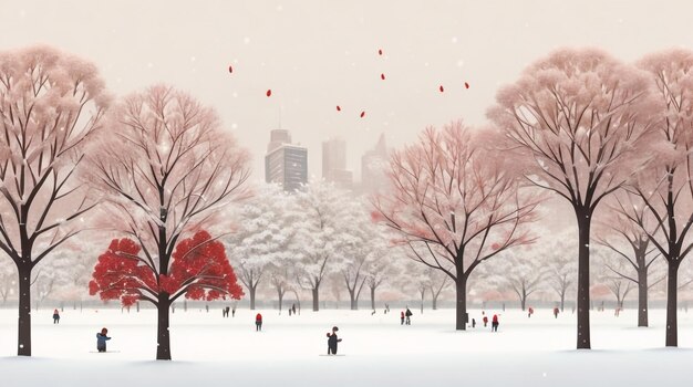 Зимний городской парк во время снегопада