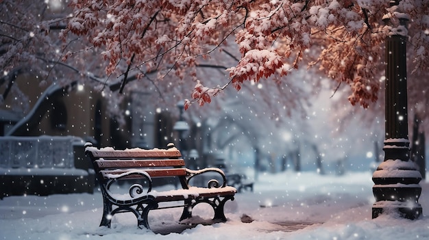 Winter city park at snowfall with red wild apple trees