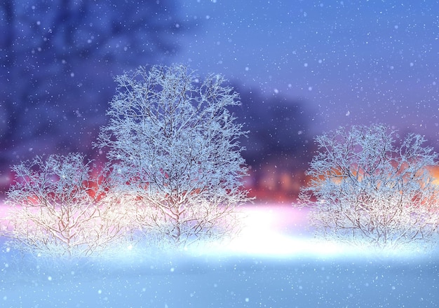 雪に覆われた冬の都市公園の木々、柔らかい夜の街路灯の暖かい光の雪片