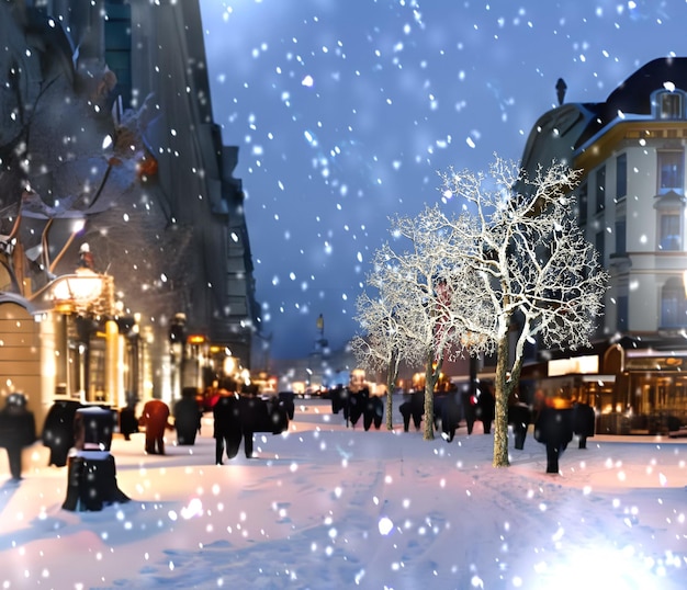 Фото Зимний город люди ходят по улице деревья покрытые снегом вечером средневековый старый город