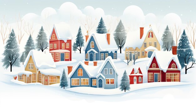 Winter city in retro style Christmas background with houses Christmas tree snowman