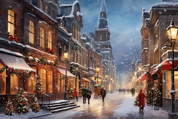 冬の都市風景 雪で覆われた通りは 歴史的な建物に囲まれており 祭りのライトと装飾で飾られています