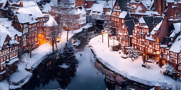 冬の都市風景 雪に覆われた家や通りや川