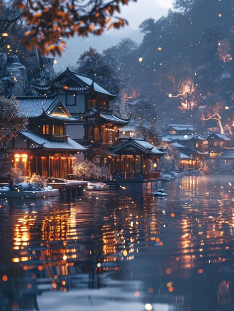 Photo winter cityscape with snowcovered buildings by a river reflecting the sky