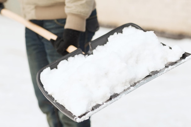 winter and cleaning concept - closeup of man shoveling snow from driveway