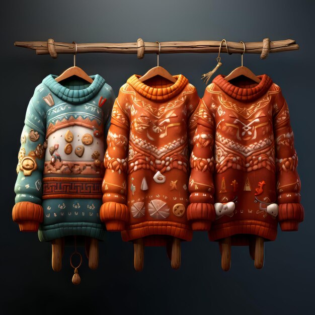 Photo winter clothes hanging on a wooden hanger 3d illustration