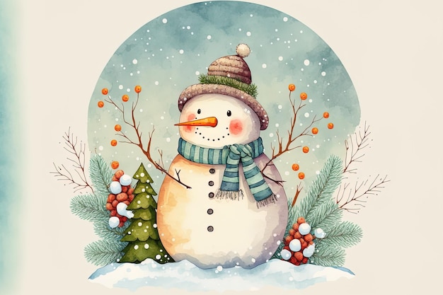 Winter comfortabel gevoel met een handgetekende kerstsneeuwpop in aquarel