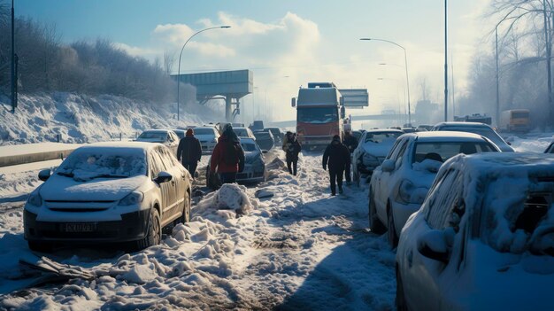 Winter commute snowcovered cars on a busy road created with generative ai technology