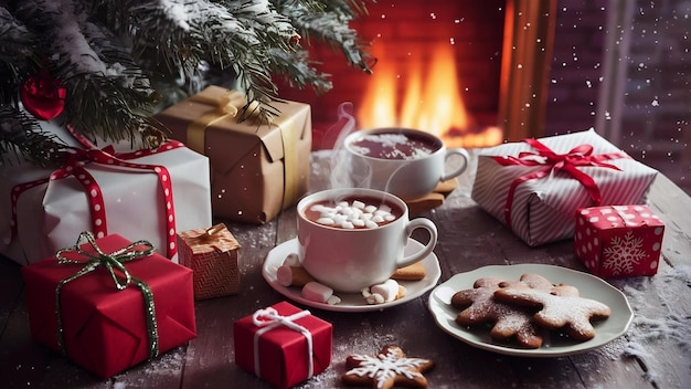 Winter composition gifts and cup with marshmallow