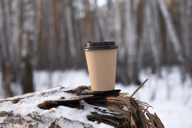 Winter concept. Paper cup with coffee in the forest.