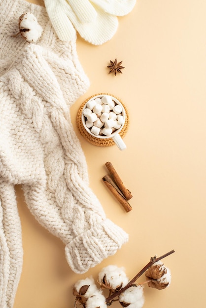 Photo winter concept top view vertical photo of knitted jumper mittens cup of hot drinking with marshmallow on rattan serving mat cinnamon sticks anise and cotton branch on isolated beige background