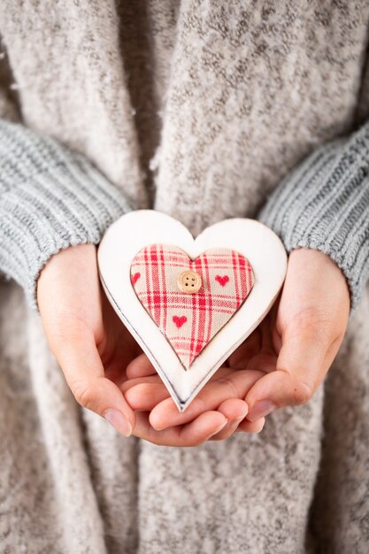 Winter Concept Young Hands Holding christmas decor.  Christmas decoration idea. Christmas decor in the hands of a woman, background with gold bokeh.