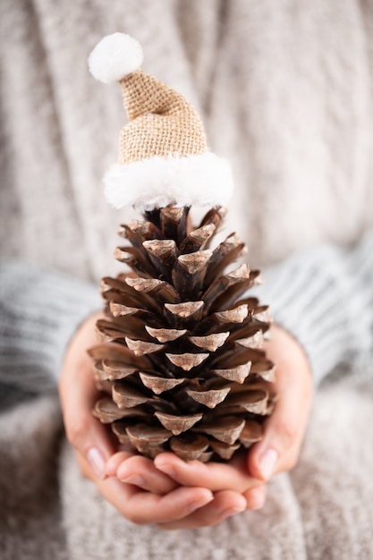 Winter Concept Young Hands Holding christmas decor.  Christmas decoration idea. Christmas decor in the hands of a woman, background with gold bokeh.