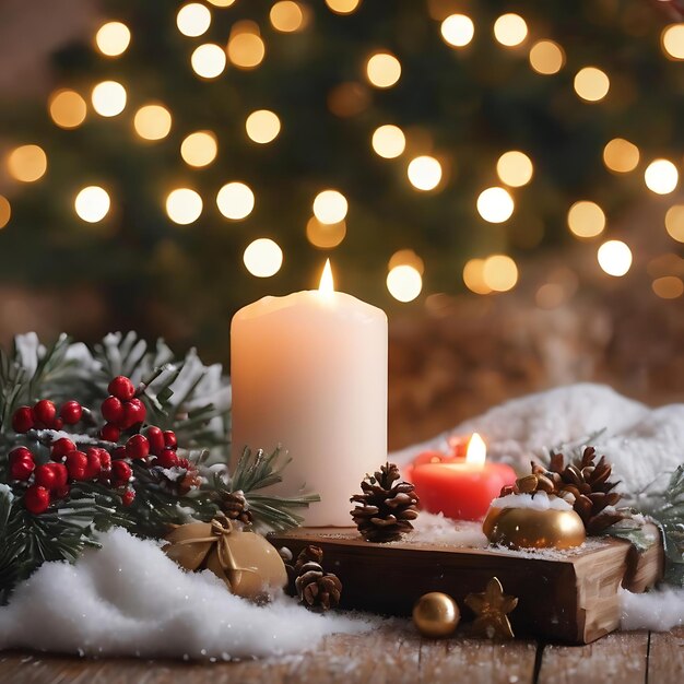 Winter cozy background with festive decor details snow on a wooden table and bokeh