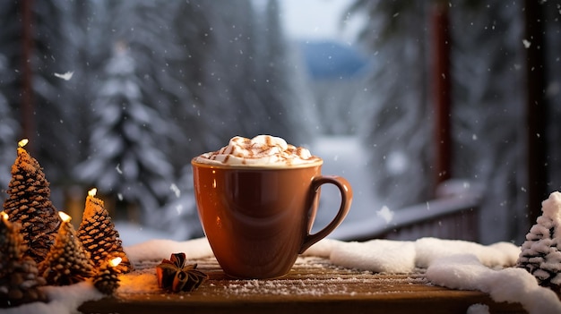 winter cozy hot chocolate with pine cones