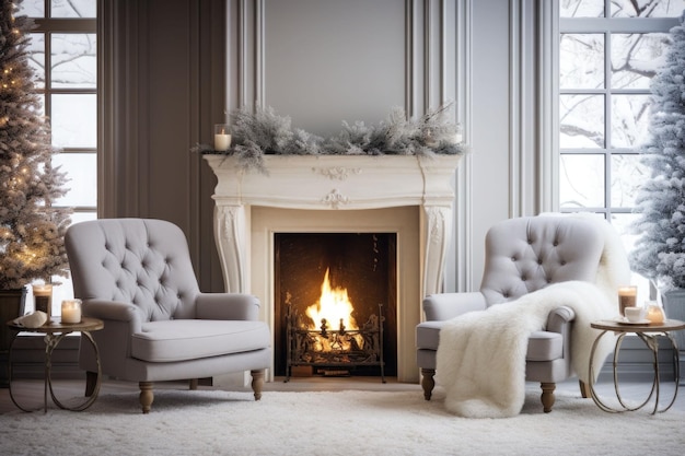 Winter cozy living room interior with fireplace and armchairs Generative AI illustration