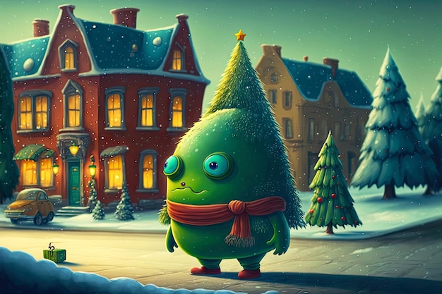 Winter cute christmas tree character walking in town against backdrop of houses and cars