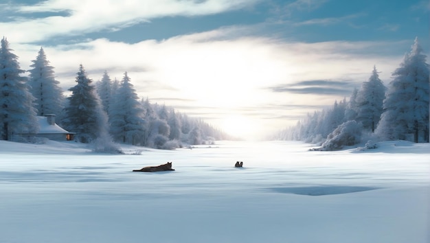 Winter dark forest snowy landscape with fir trees