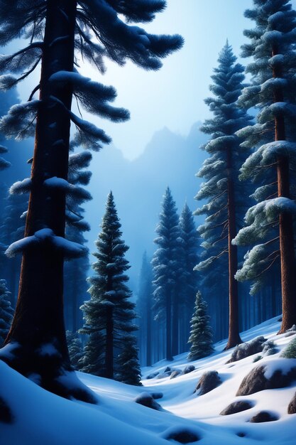 winter dark forest snowy landscape with fir treeswinter background