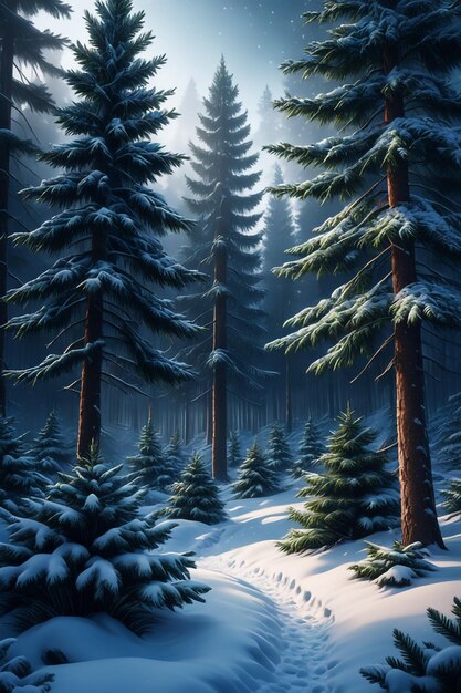 Photo winter dark forest snowy landscape with fir treeswinter background