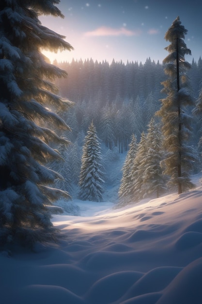 Winter dark forest snowy landscape with fir treeswinter background