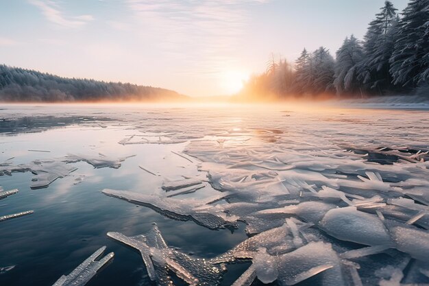 Foto l'alba d'inverno si apre su un sereno lago ghiacciato