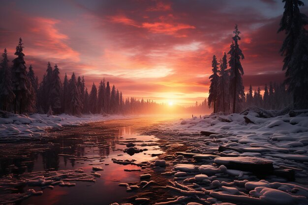 Winter Dawn with Vibrant Skies over Frozen River Generative AI