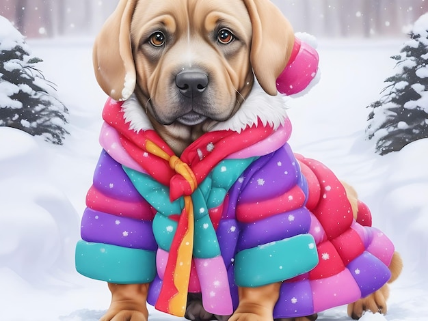 Winter days puppy dog with snow snowfall colorful winter dog dress ai generate