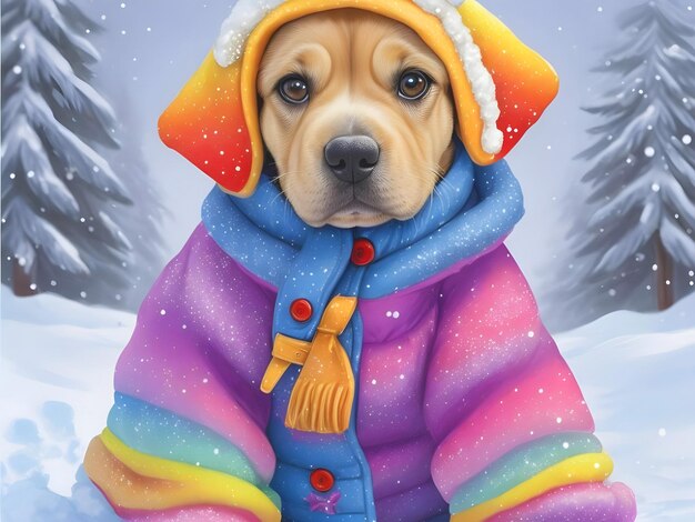 Winter days puppy dog with snow snowfall colorful winter dog dress snow background ai generate