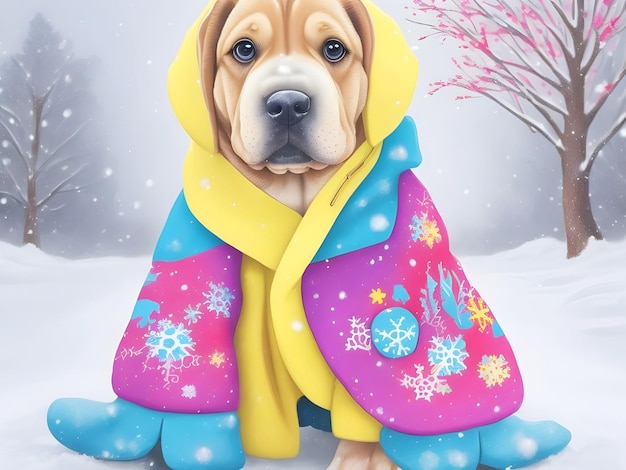 Winter days puppy dog with snow snowfall colorful winter dog dress Snow Background AI Generate