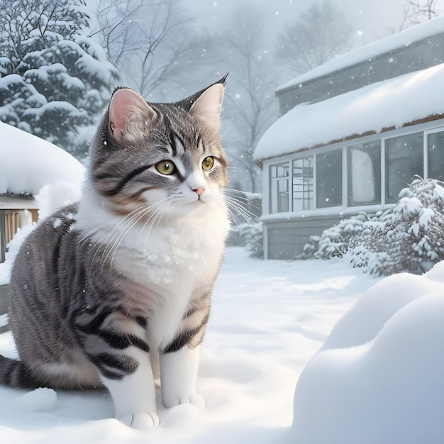 겨울 날 눈이 내리는 눈 고양이 눈송이 눈송이 얼음 눈 배경 AI 이미지 생성