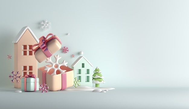 Winter decoration background with house building snowflakes gift box