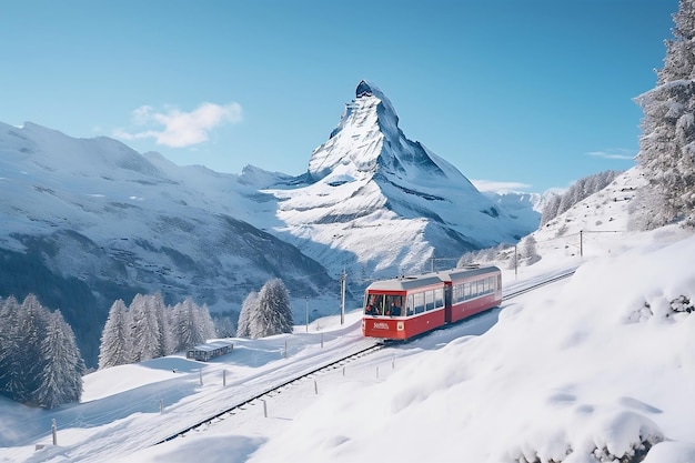 Winter Delights Tourist Train and Skier Embrace the Magnificent Matterhorn AI