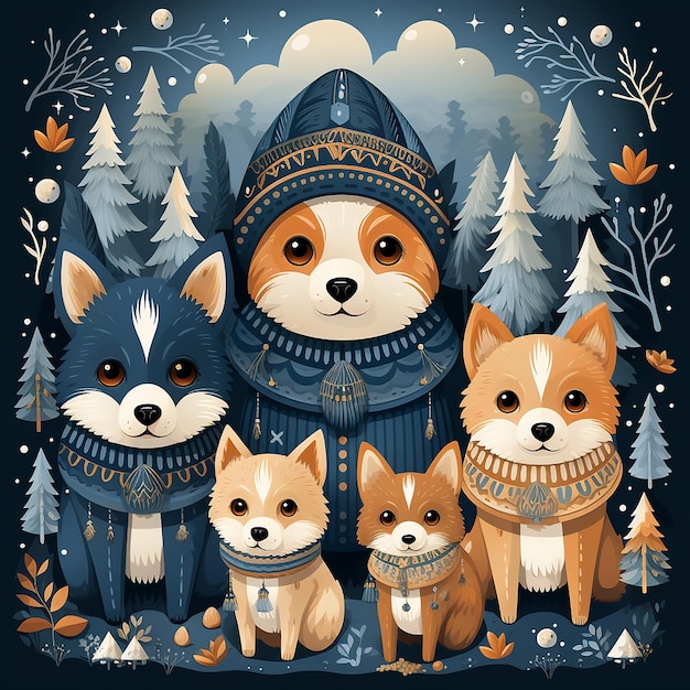 winter dog cartoon christmas background illustration