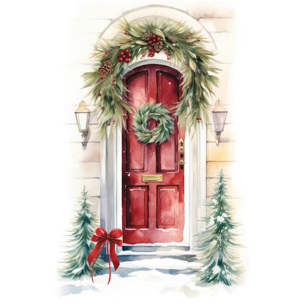 Winter door with christmas decorations watercolor clipart isolated white background