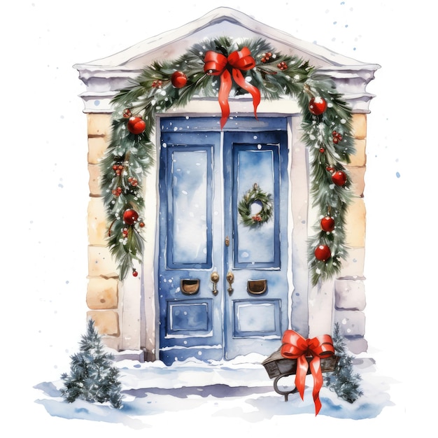 Winter door with christmas decorations watercolor clipart isolated white background