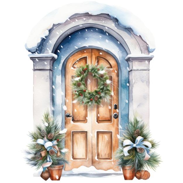 Winter door with christmas decorations watercolor clipart isolated white background