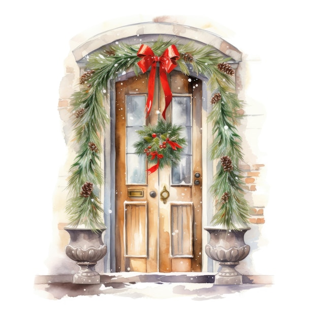 Winter door with christmas decorations watercolor clipart isolated white background