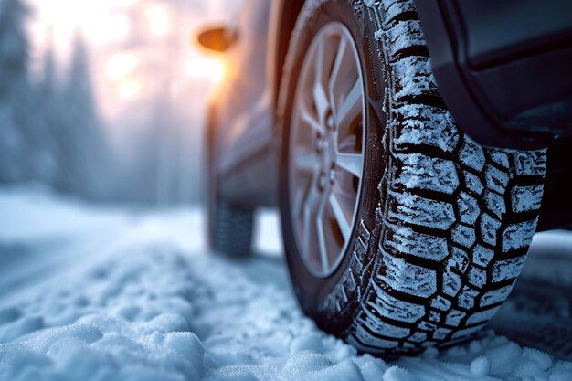 Winter driving close up of car tires on a snow covered road