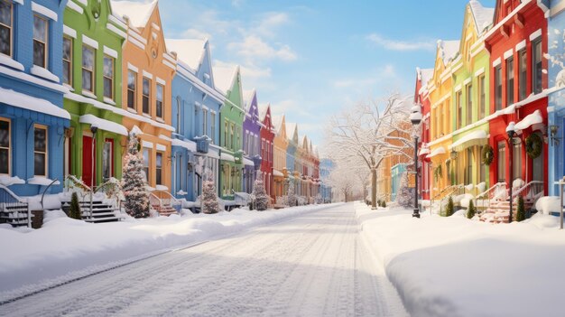 winter een kleurrijke bakstenen straat bekleed met rijhuizen fotorealistische landschappen traditionele straat scènes kleurrijke houtsnijwerk delicate kleuren